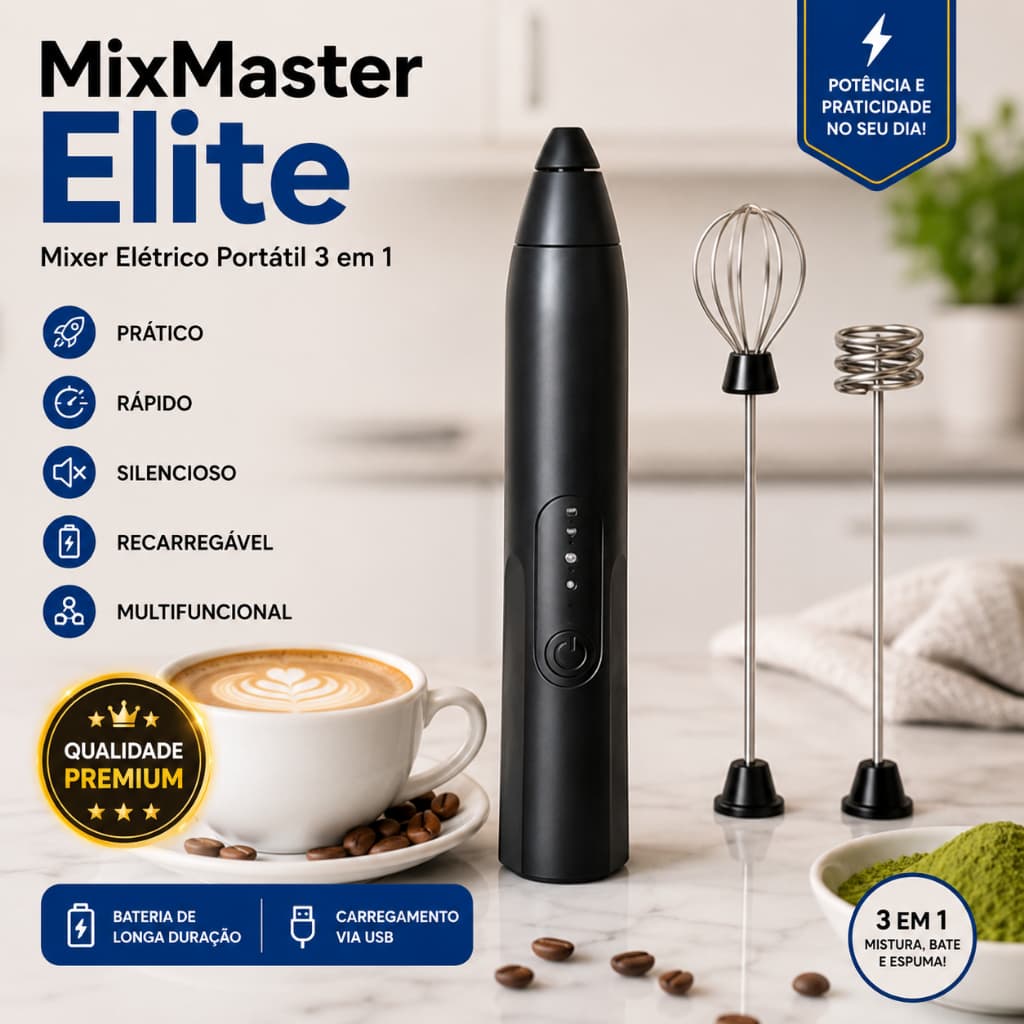 MixMaster Elite — O batedor portátil que transforma sua cozinha.