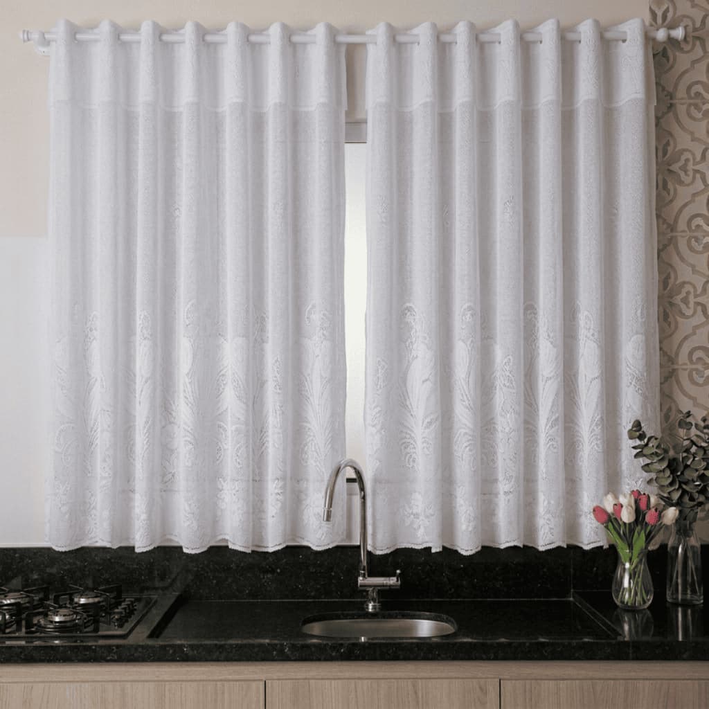 Cortina Renda Cozinha Jardim Das Tulipas 2,50m x 1,25m Bandô de 20cm Poliéster