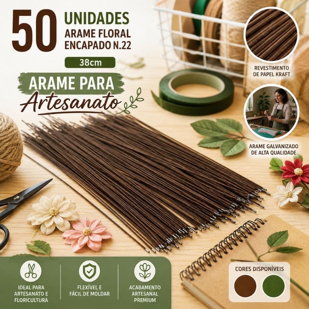 50 Arame Fio Floral Encapado N.22 40cm - Artesanato Flores- Marrom-escuro