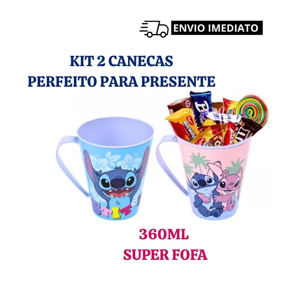 Kit 2 Canecas Infantil Stitch 360ml Plástico Resistente Lembrancinha Festa Criança