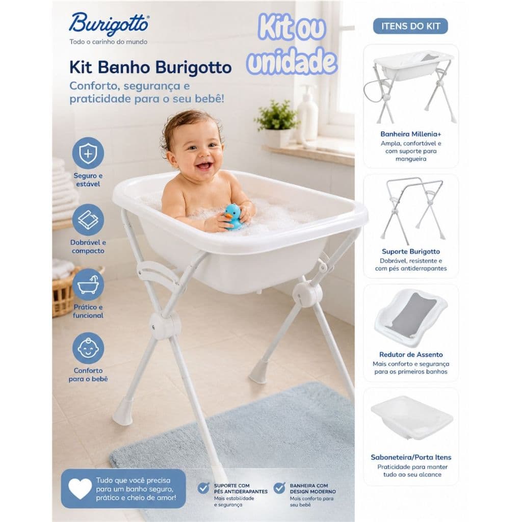 Banheira com Suporte Dobravel Burigotto  Com Assento Redutor Kit Completo  ou Unidade