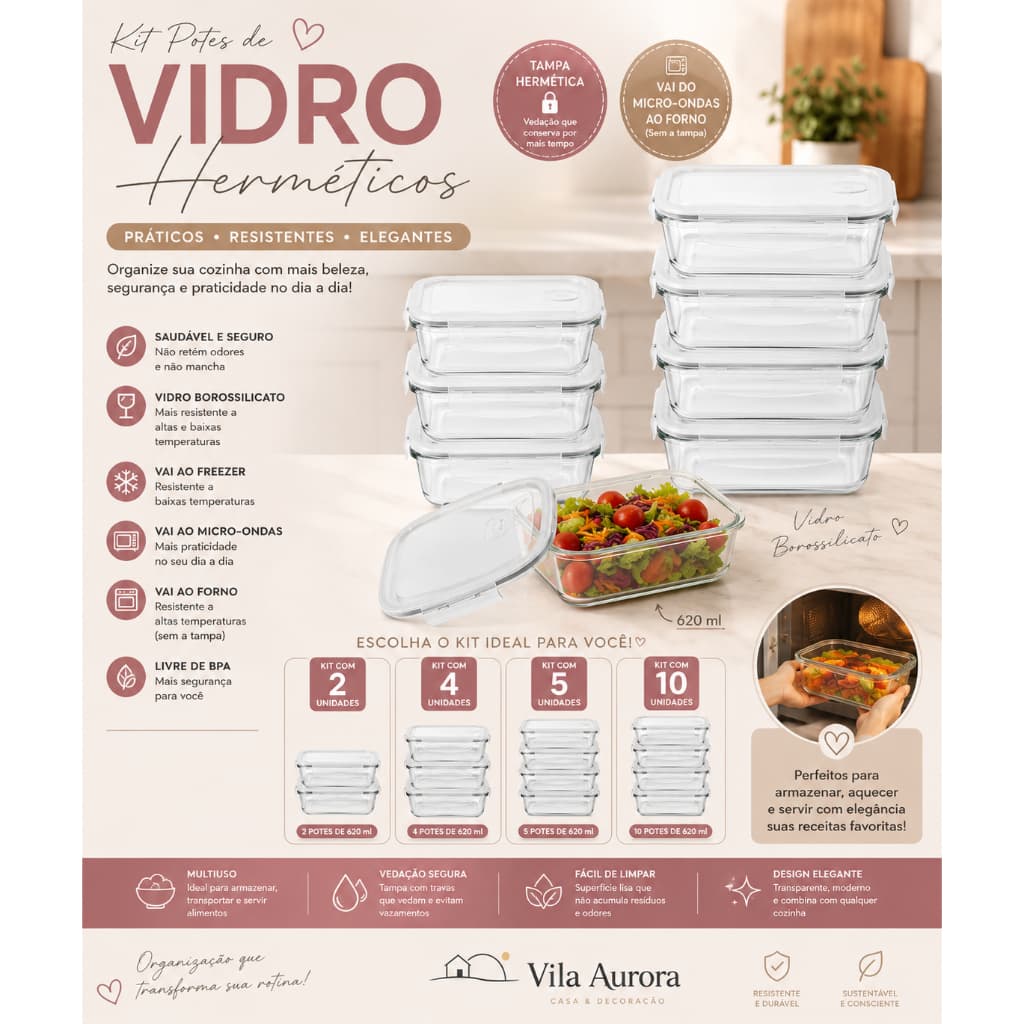 Kit Potes Herméticos Vidro Borossilicato 620ml Tampa Hermética Marmita Organizadora