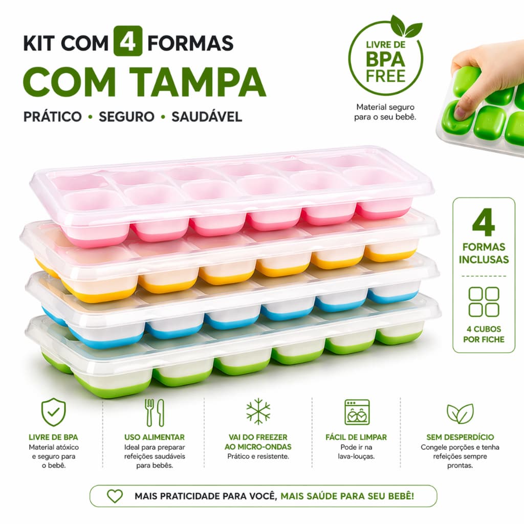 Kit 4 Formas de Gelo Silicone Com Tampa Rígida Flexível  Multiuso Lavável