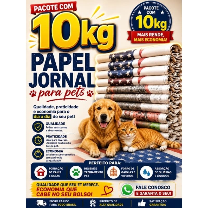 Papel jornal para Pets 10kg 1,00x0,70 cachorro Gato passarinho