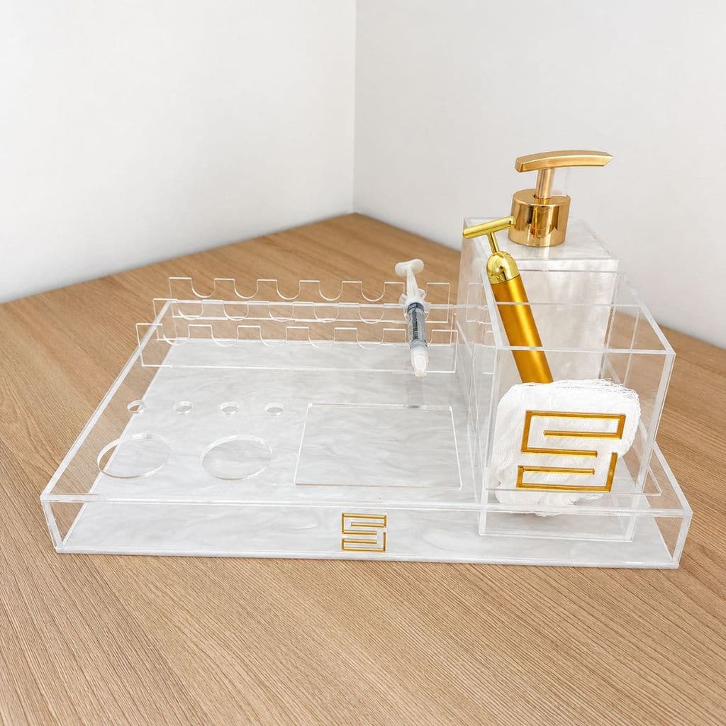 KIT ORGANIZADOR ELEGANCE  madreperola personalizado em acrilico organizador clínica studio consultório beleza estetica
