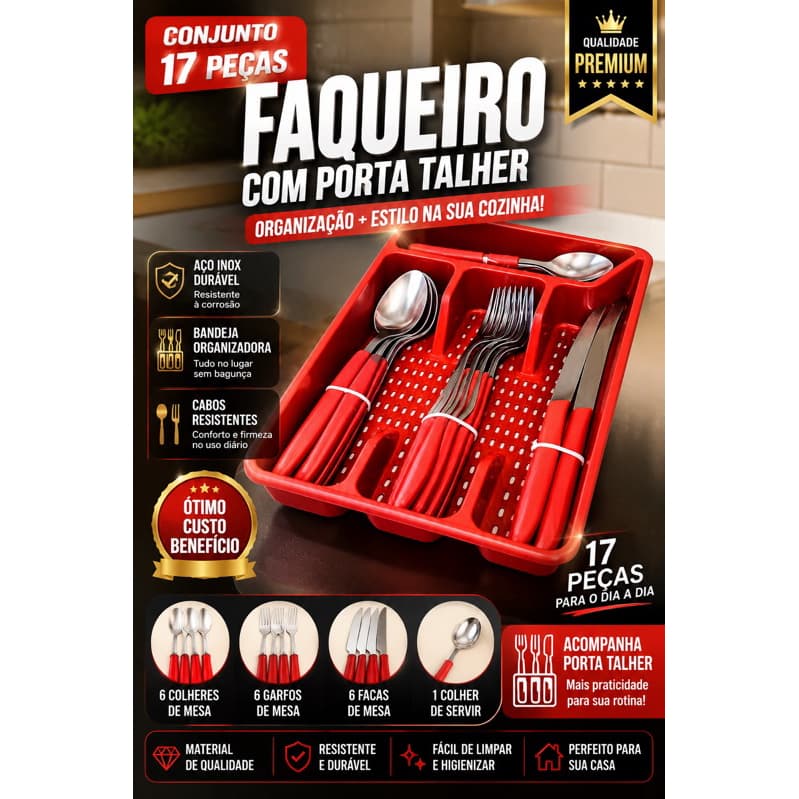 Jogo Talheres Inox 17 Peças Porta Talher mas Cores Preto e Vermelho Faqueiro Cozinha