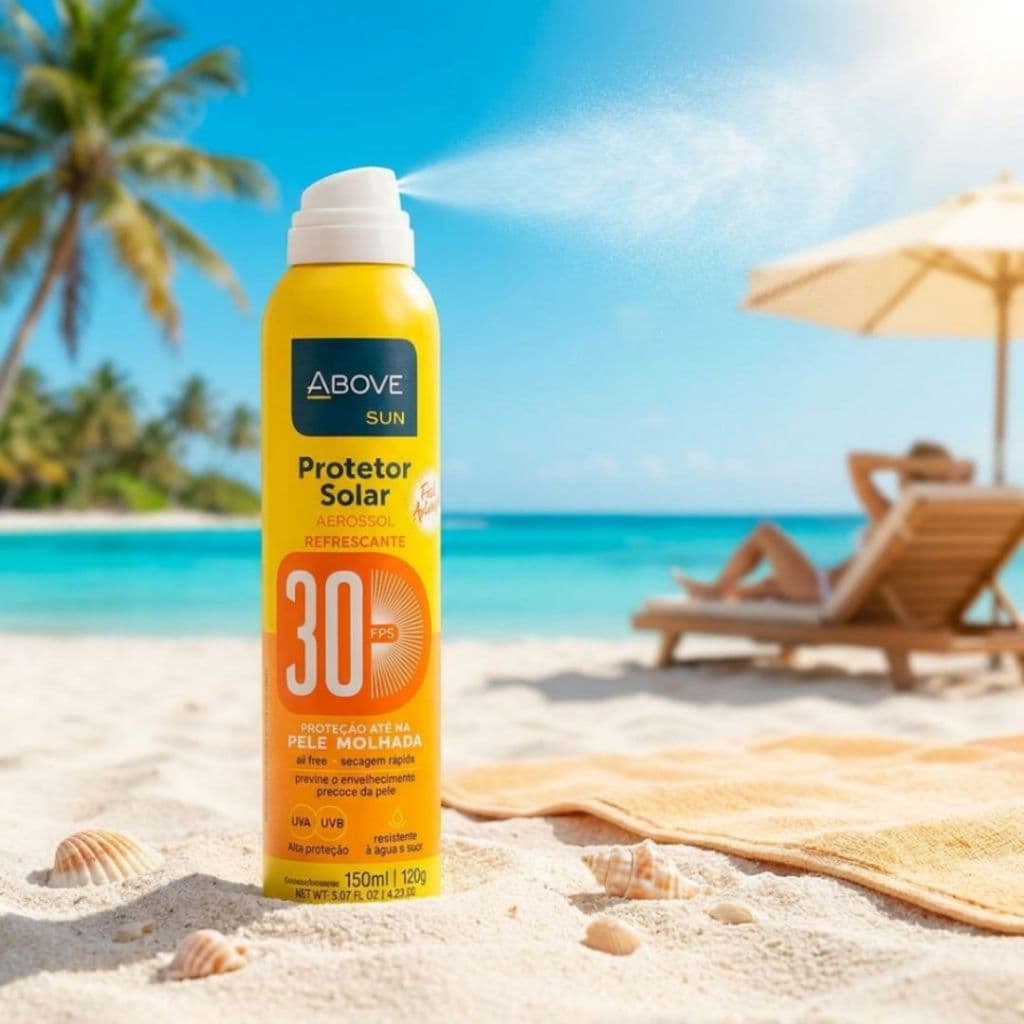 Protetor Solar Aerosol Above Sun FPS 30 Toque Seco Pele Molhada Bloqueador 150ml Corpo E Rosto