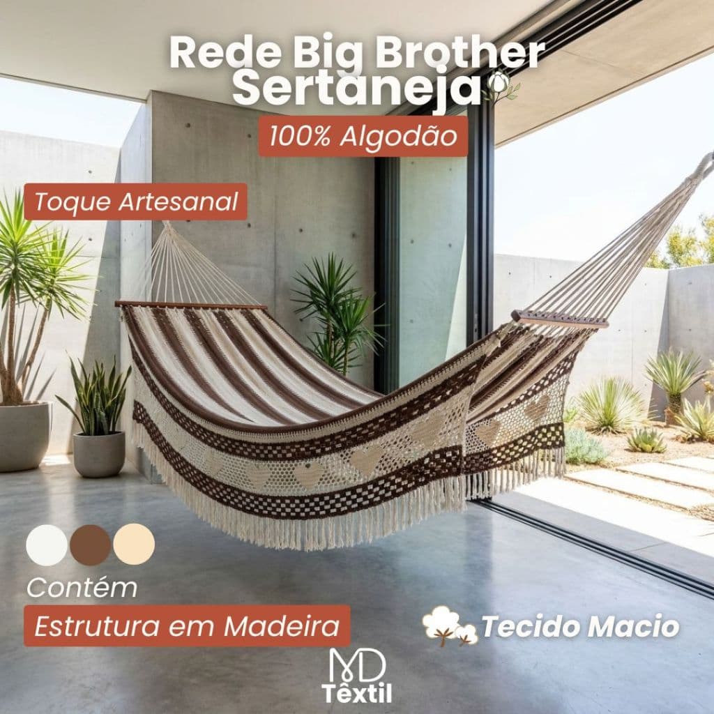 Rede Big Brother Sertaneja 100% Algodão Com Madeira Artesanal Premium Luxo