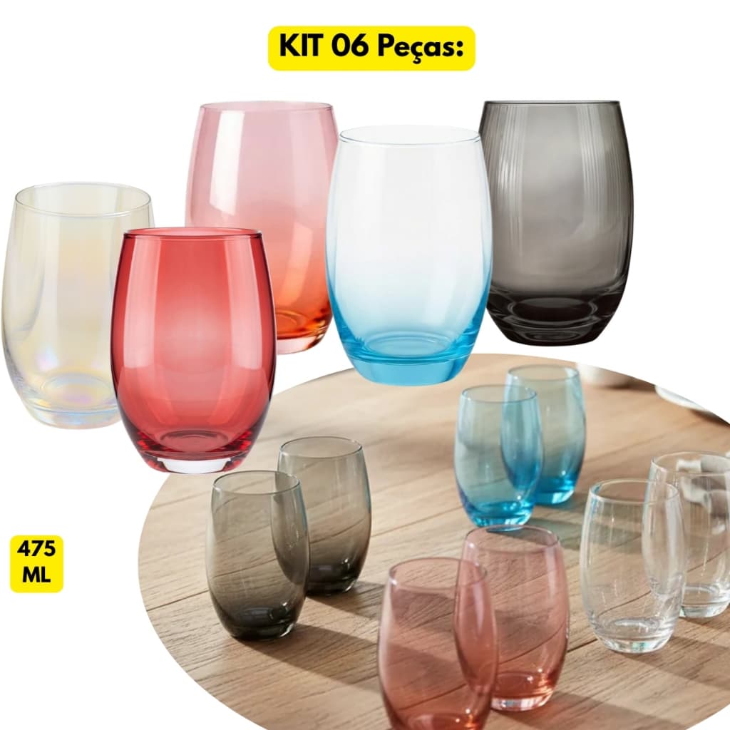 Jogo Kit 06 Copos Vidro Grande Califórnia 475ML Drinks Água Suco Bar Barman Destilados Refrigerante