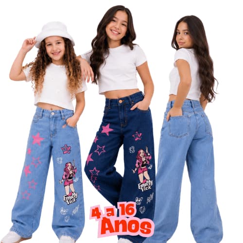 Calça Jeans Emilly Vick Infantil e Juvenil Feminina Wide Leg com Personagem Estampado Emilly Vick