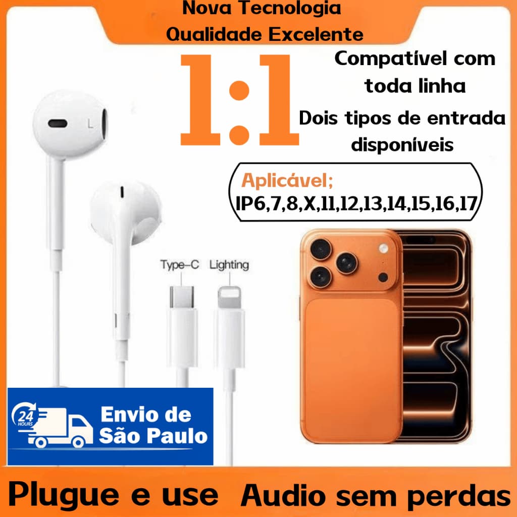Fone de Ouvido com Fio Esportivo Microfone HD e Controle Type-C ou Lightning IP Android