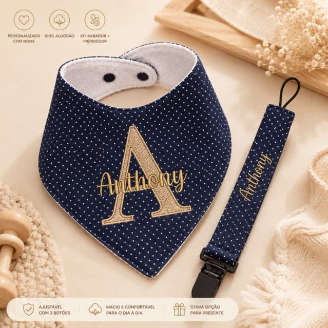 Kit babador bandana e prendedor de chupeta com nome