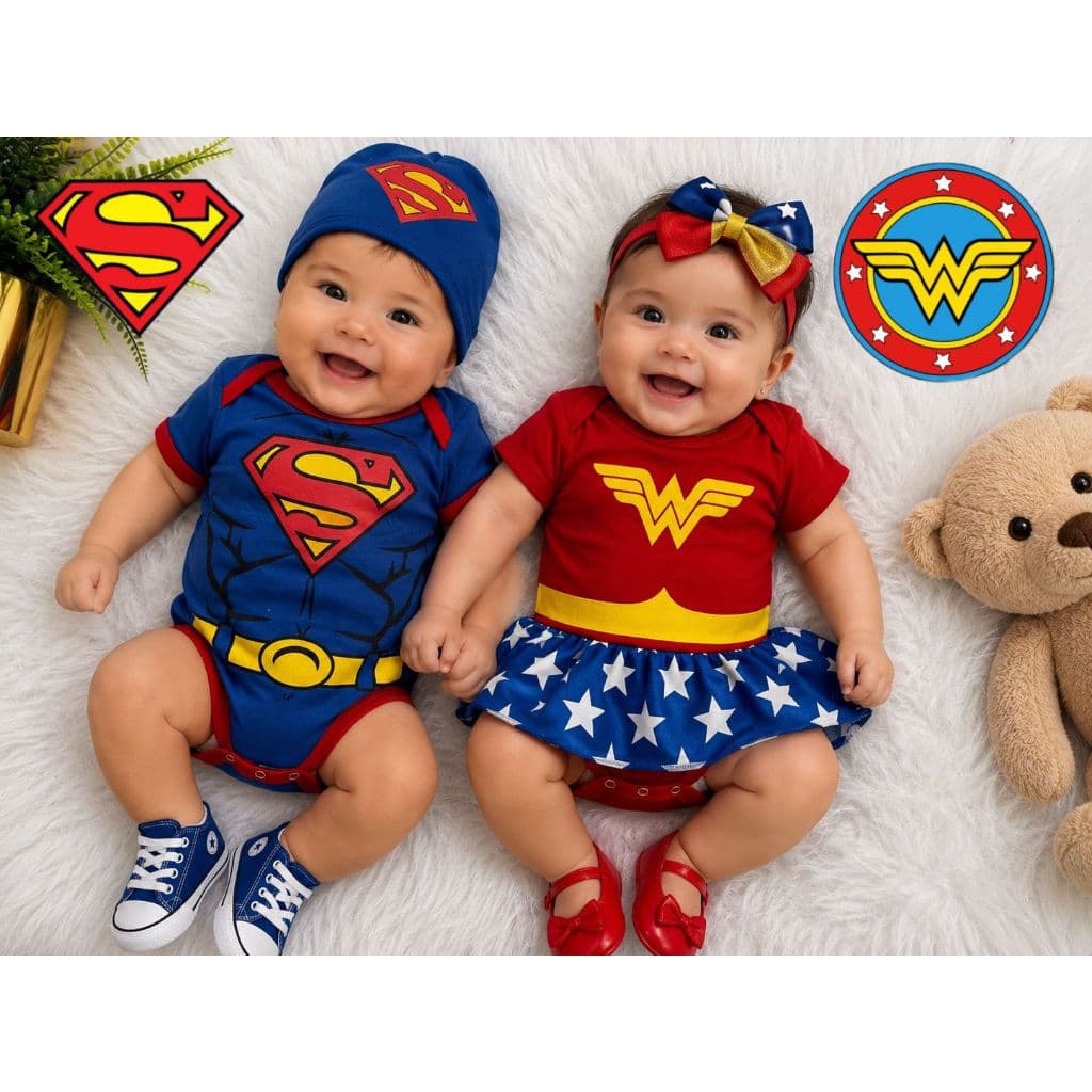 Kit Body Bebê Mulher Maravilha com Saia de Tule e Laço e Superman – Conjunto Infantil Super-Heróis Mesversário Fantasia