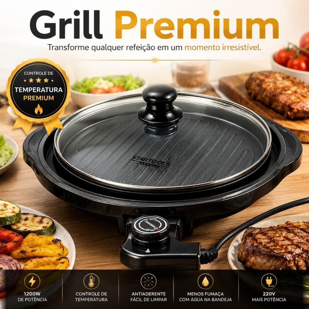Grill Elétrico Redondo Premium Com Termostato 127V / 220V Antiaderente Churrasqueira Elétrica Preta