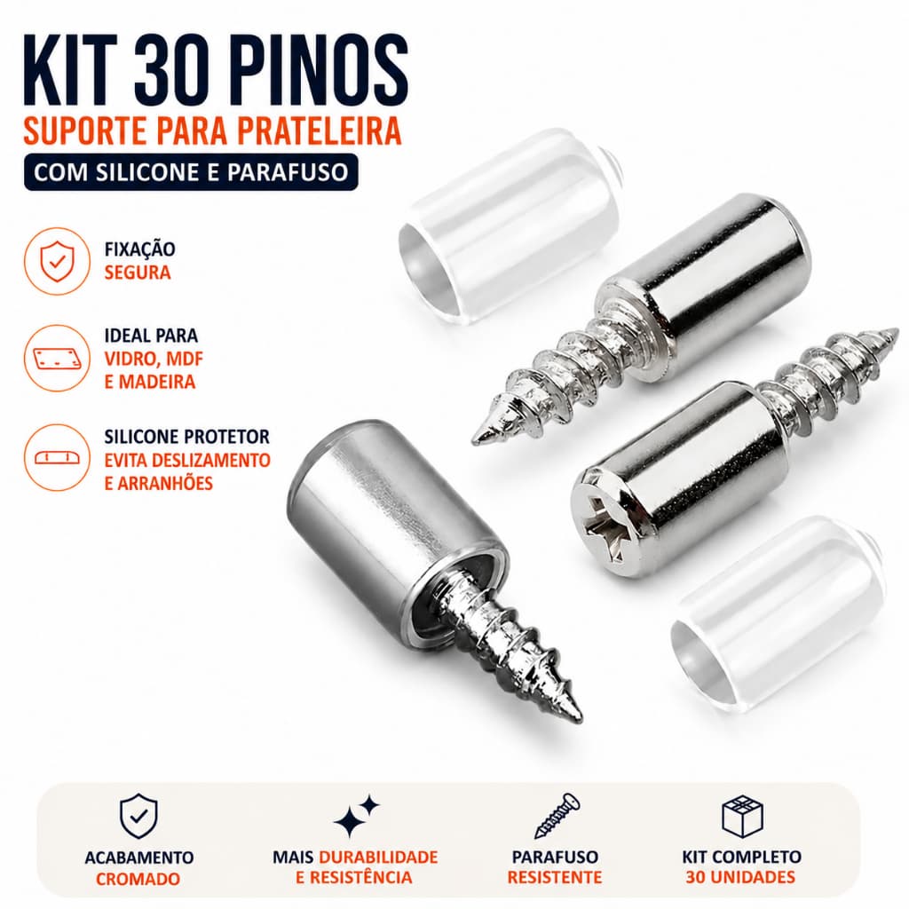 Kit 30 Suportes para Prateleira Pino Vidro Madeira MDF Armário Móveis Marcenaria com Silicone
