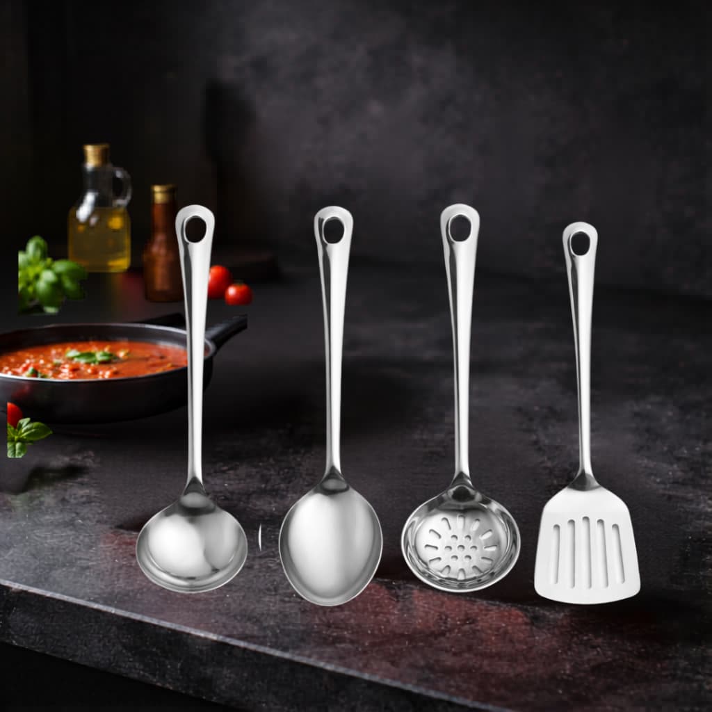Jogo 4 Peças em Aço Inox: Colher, Escumadeira, Concha, Pegador de Massa. Estilo e praticidade
