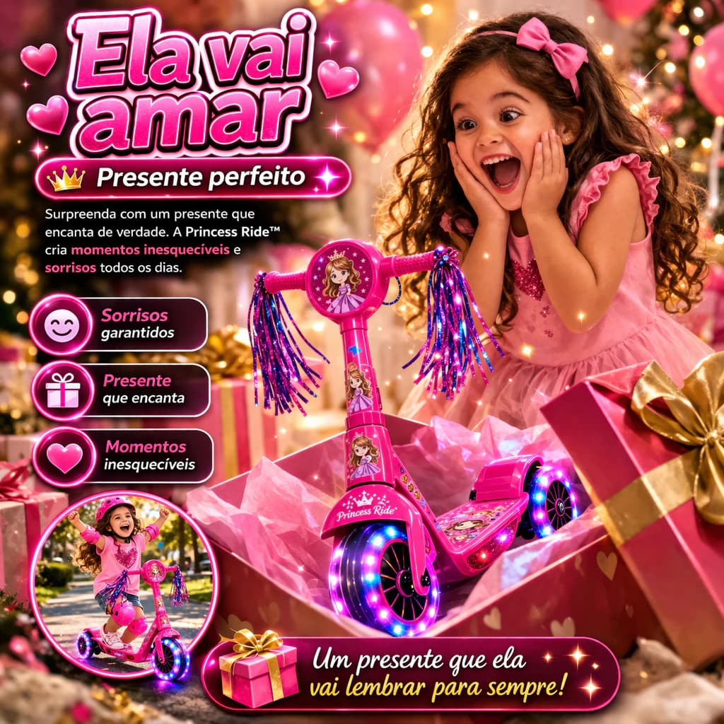 Patinete Infantil  de Impulso Dobrável Três Rodas  Cestinha Som Luz  Integrados  Rosa Azul