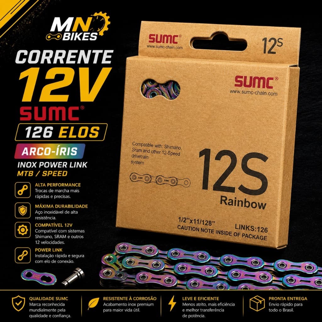 Corrente Bike 12V SUMC 126 Elos Inox Power Link Arco-Íris MTB Speed