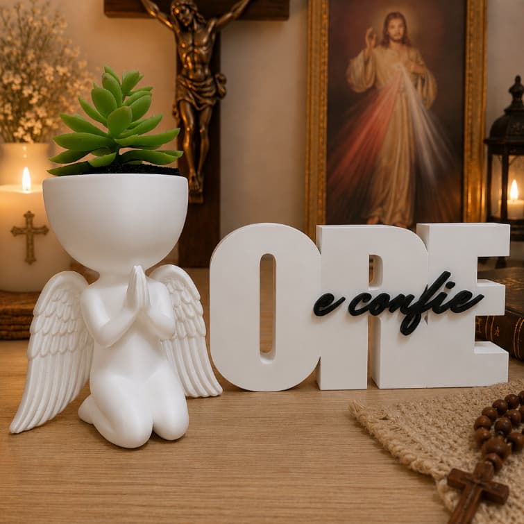 Kit Ore e Confie + Vaso Bob com Flor – Decoração Religiosa Cantinho da Oração