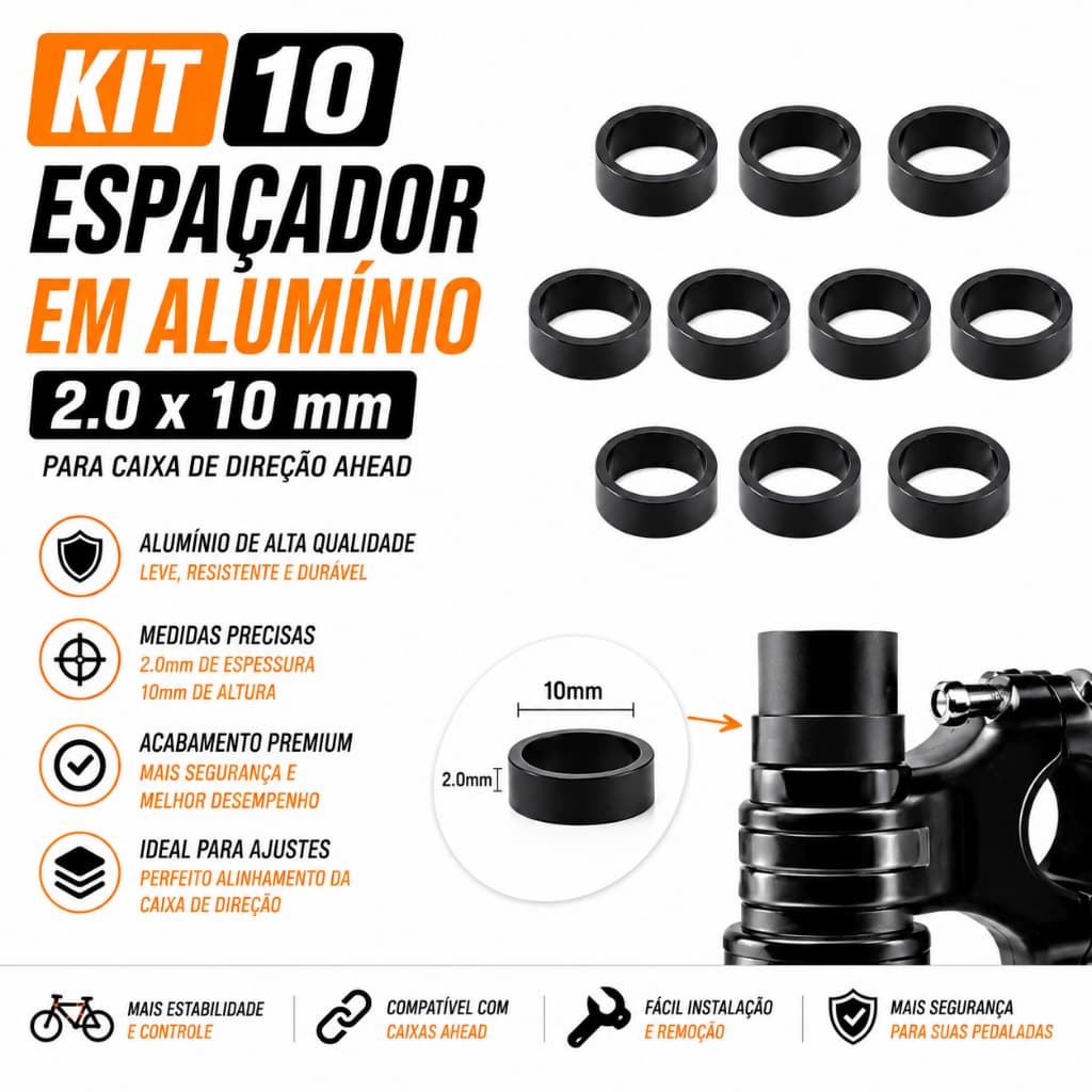 Kit 10 espaçador em Alumínio 2.0 x 10 mm para Caixa de Direção Ahead Para Bicicleta MTB