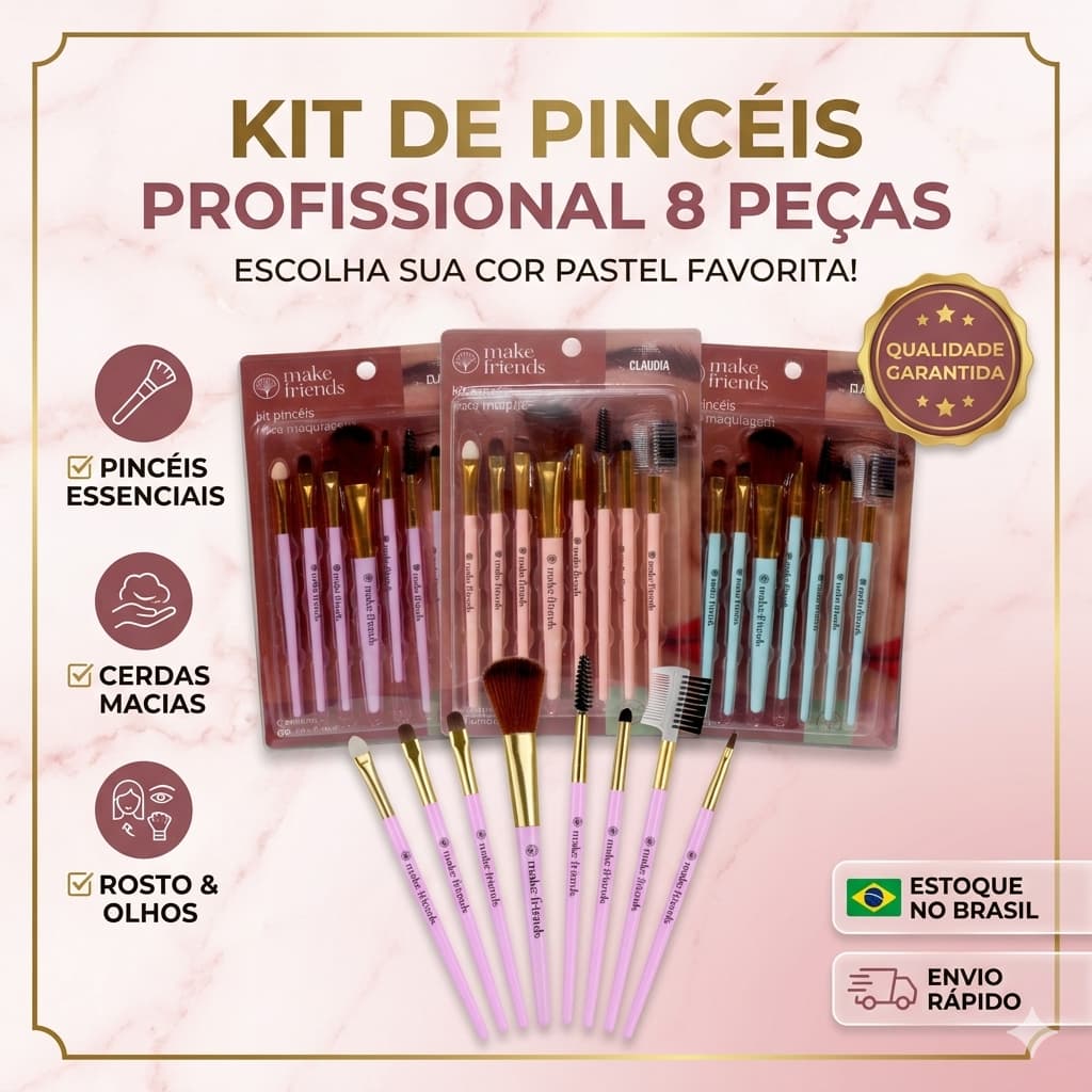 Kit Pinceis Maquiagem 8 Peças Completo Make Friends Blogueira