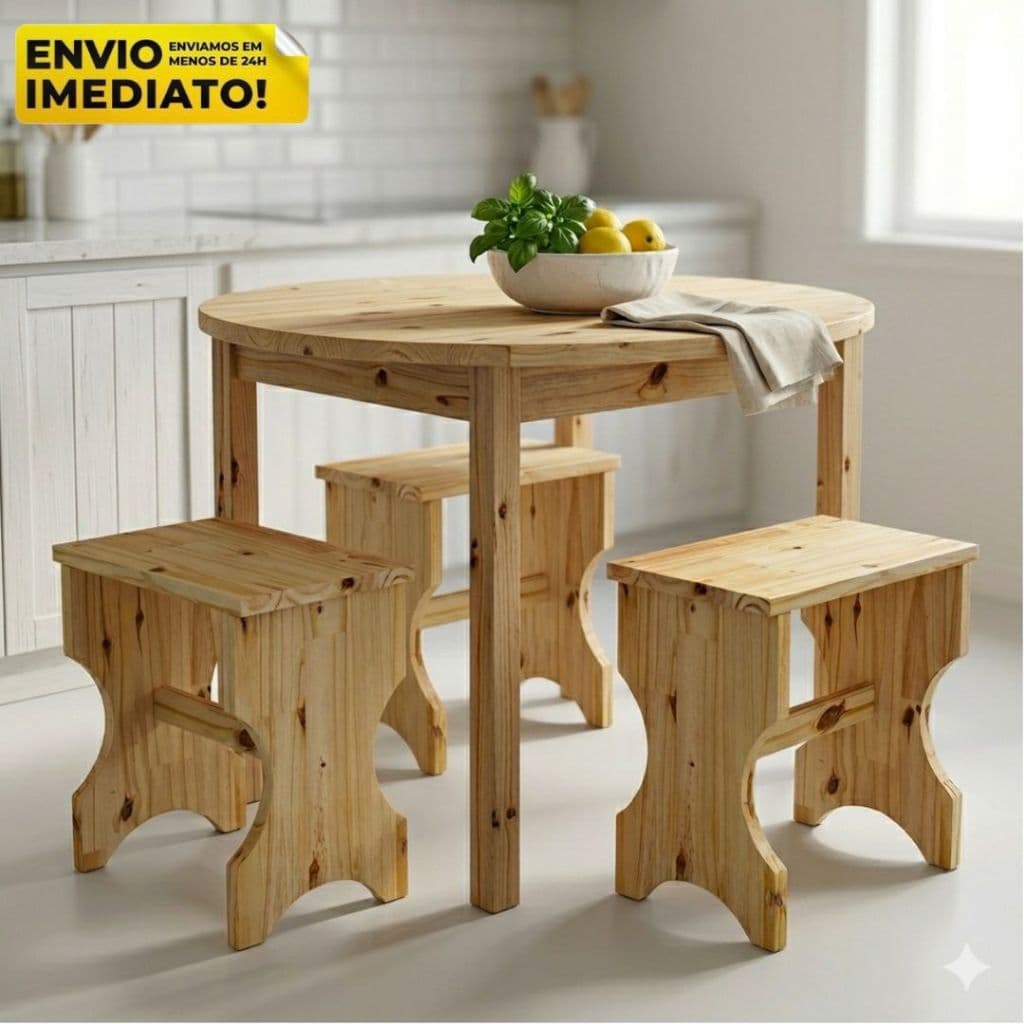 Kit 3 Banco Médio Madeira Premium Pinus Resistente para Cozinha Sala Quarto Bar Area