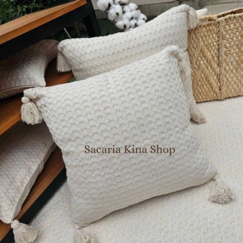 Capa de Almofada Pompom Crú Boho Chic Algodão