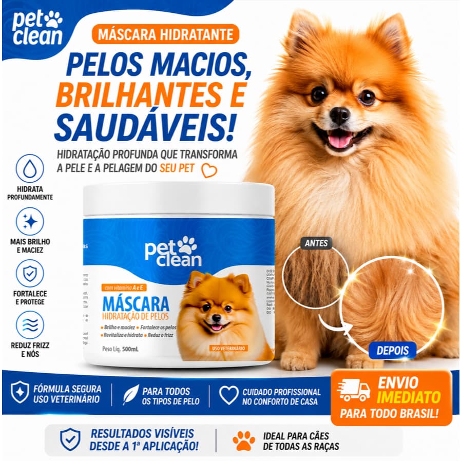 Máscara Hidratante Pet Clean para Cães e Gatos–Pelos Macios, Brilhantes e Sem Frizz Na 1ª Aplicação