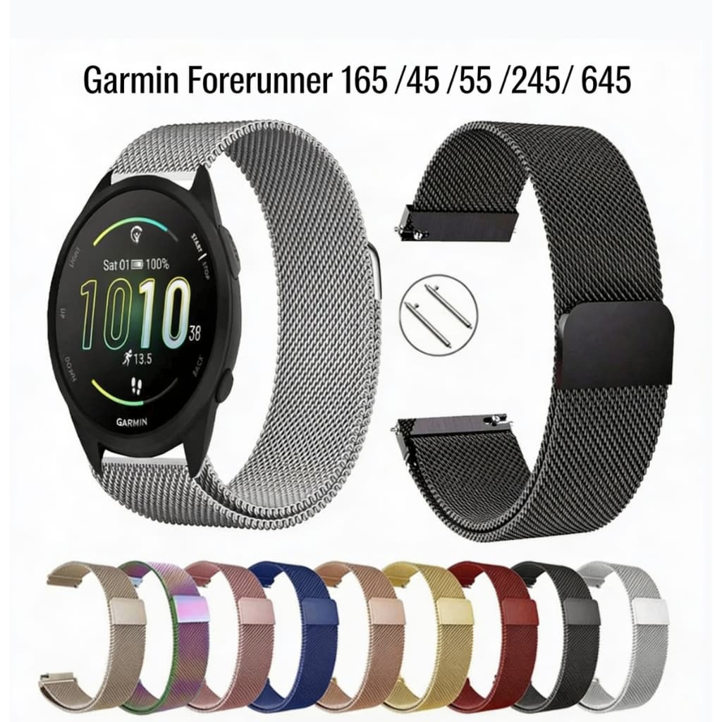 Pulseira Milanese respirável de aço inoxidável de 20 mm para Garmin Forerunner 165 /45 /55 /245/ 645