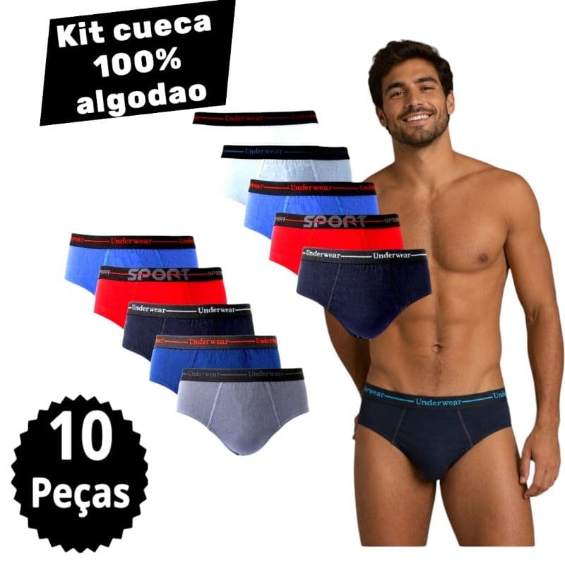 Kit 10 Cueca  masculina algodão Com Forro  e com elástico aparente  CORES MULTICOLORIDAS