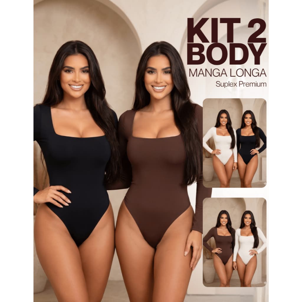 Kit 2 Body Feminino Suplex Manga Longa Decote Quadrado Segunda Pele Moda Inverno Frio Casual