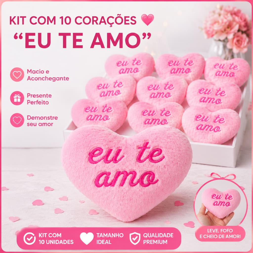 Kit 10, 20 ou 30 Corações de Pelúcia EU TE AMO 10x12cm para Cestas