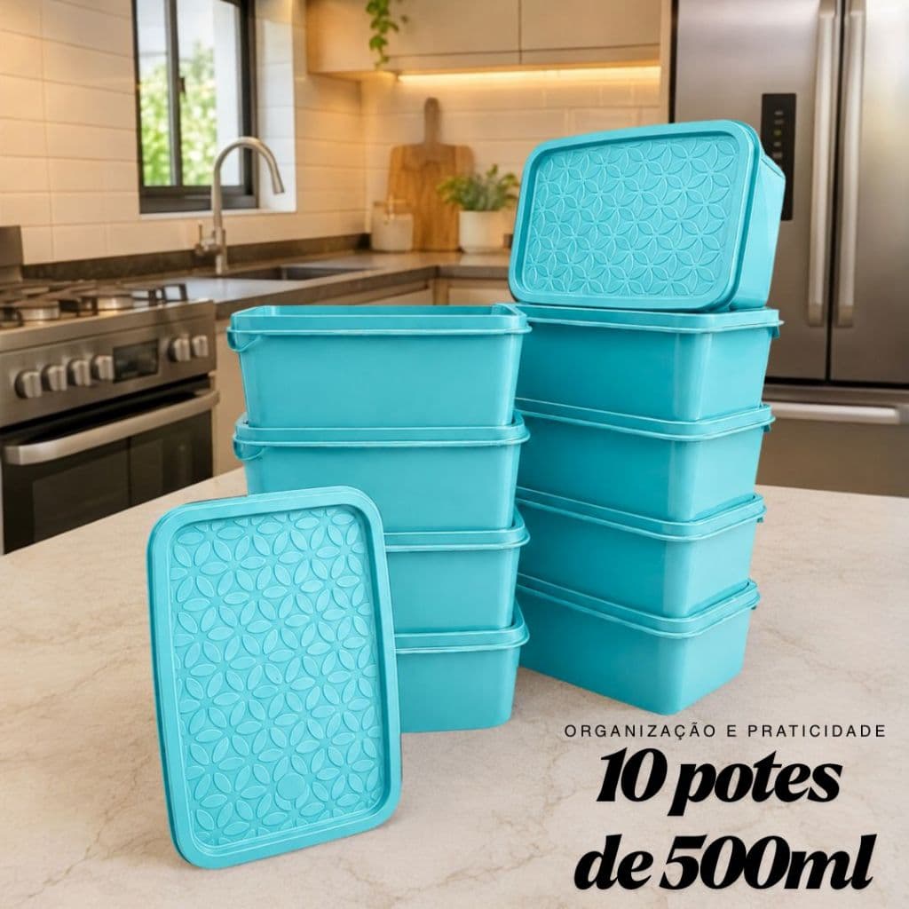 kit 10 Potes Retangulares Herméticos de Plástico com Tampa 500ml