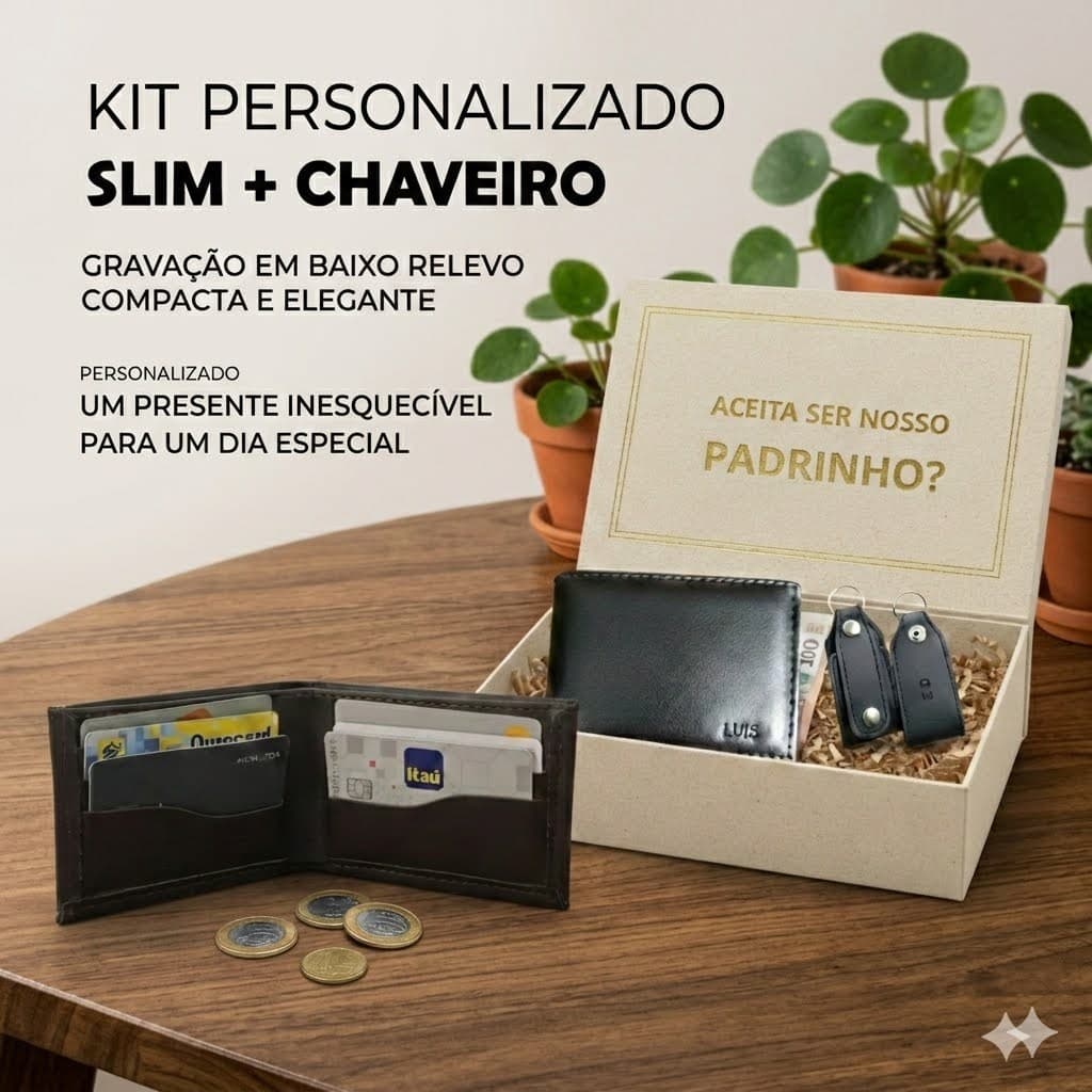 15 Kits Carteira slim + chaveiro personalizado com nome em baixo relevo Padrinhos mimo