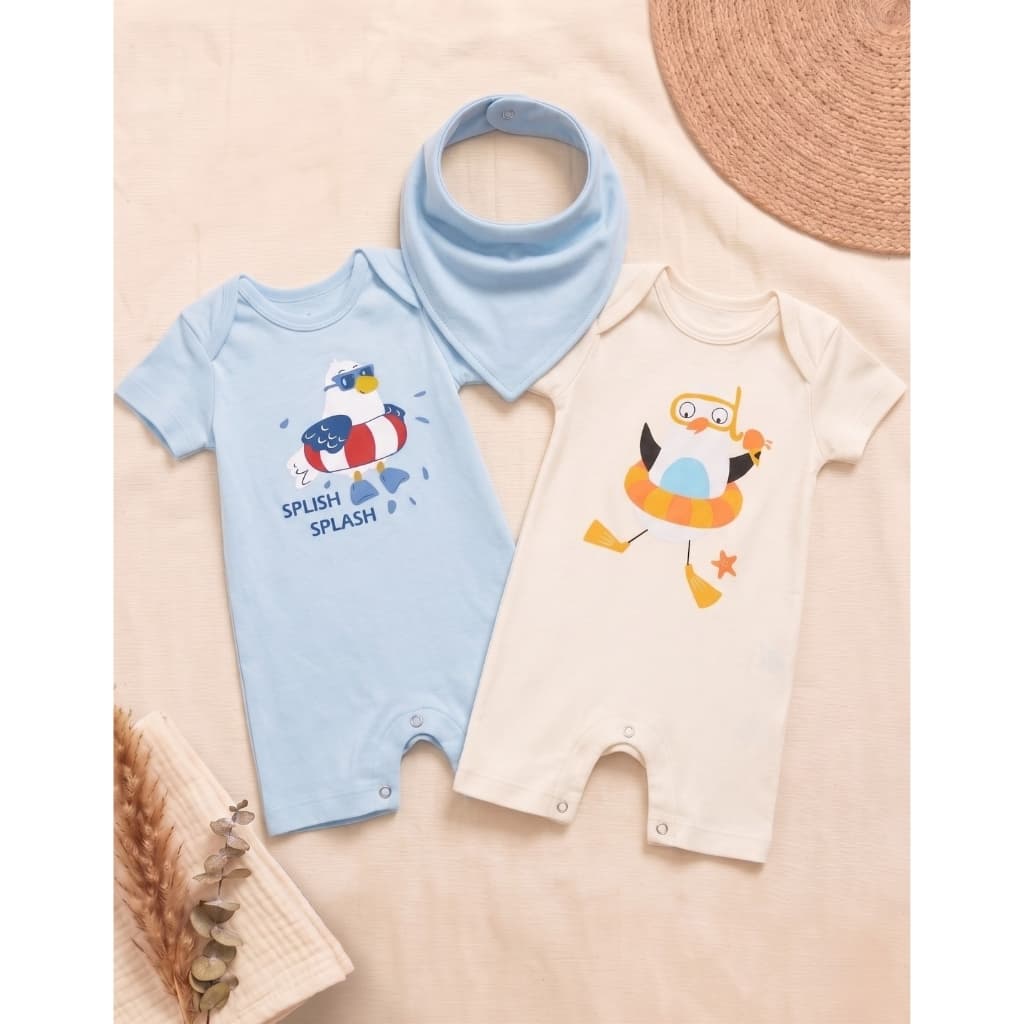 Kit 2 Romper Macacão Bebê Menino E Babador