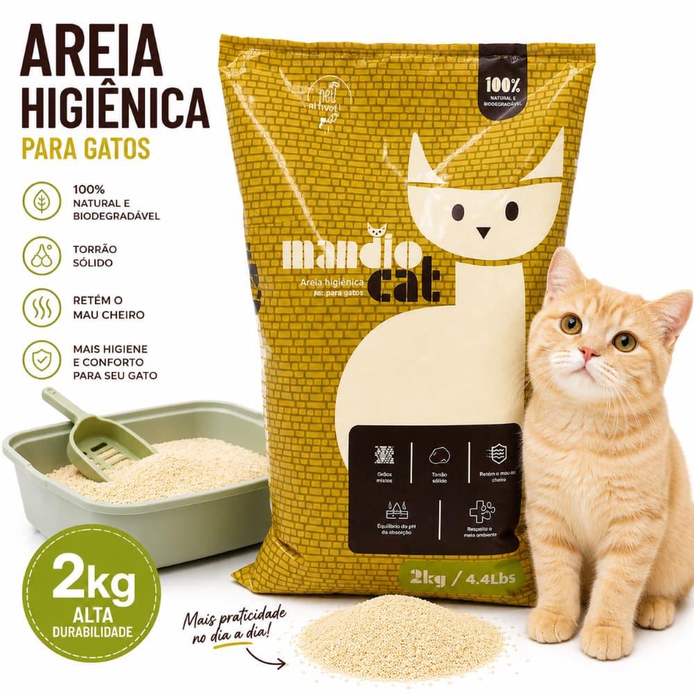 AREIA HIGIÊNICA PARA GATO Á BASE DE MANDIOCA - PACOTE COM 2KG - MANDIOCAT- BIODEGRADÁVEL.