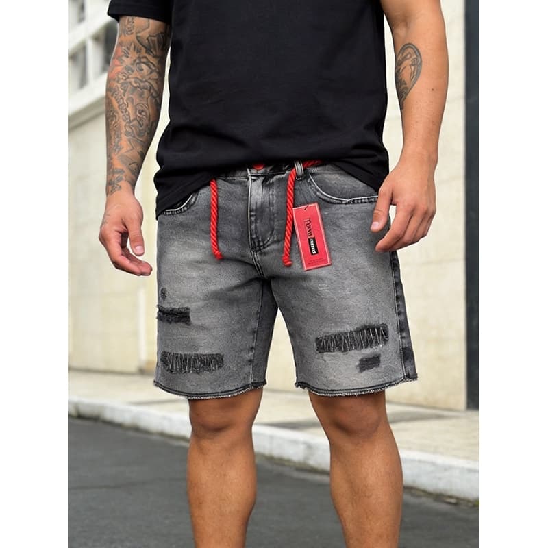 【Novo】Cinza Bermuda Jogador Masculino Com Corda Versátil Fashion Casual Jeans Shorts 100% Jeans