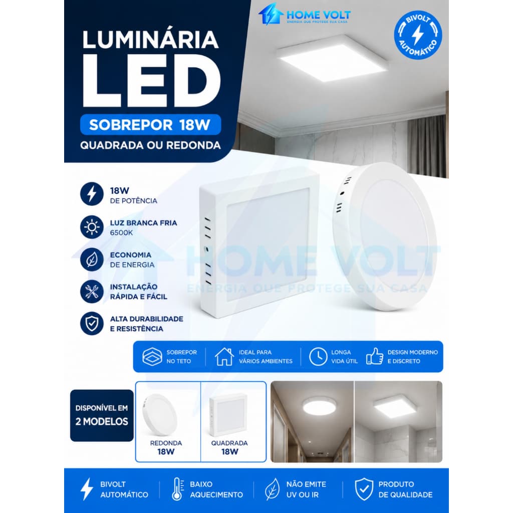 Luminária LED Sobrepor 18W Elgin Quadrada ou Redonda Bivolt Luz Forte Econômica Moderna Premium Nova