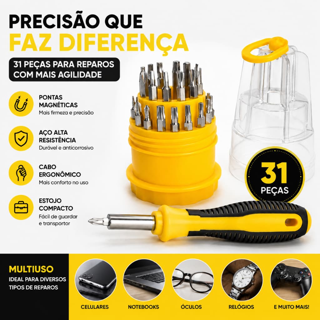 Kit Chave Precisão 31 Peças Fenda Philips Estojo Cabo Imantado Antiderrapante Pontas Intercambiáveis