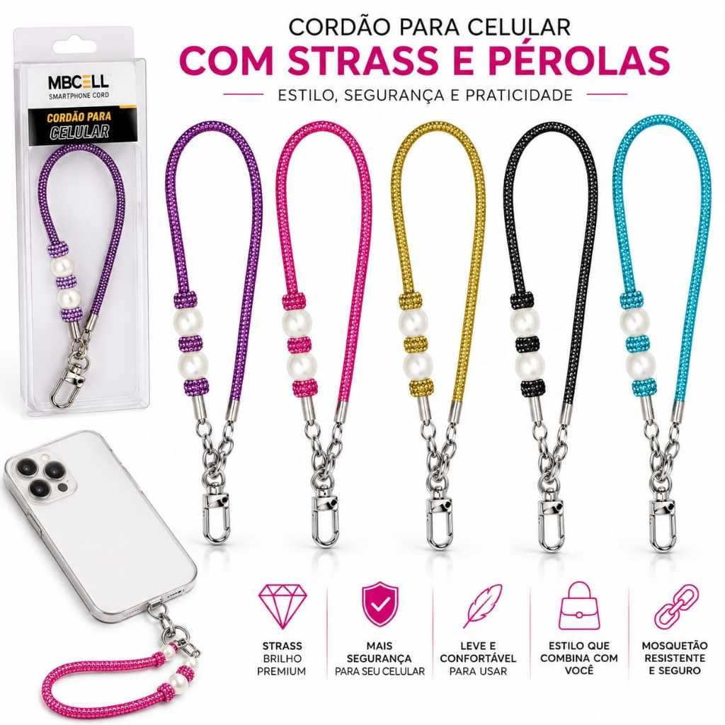 Cordão Pulso Celular Nylon Glitter Pérola 18cm Segurança Capa Phone Strap Feminino MB Cell