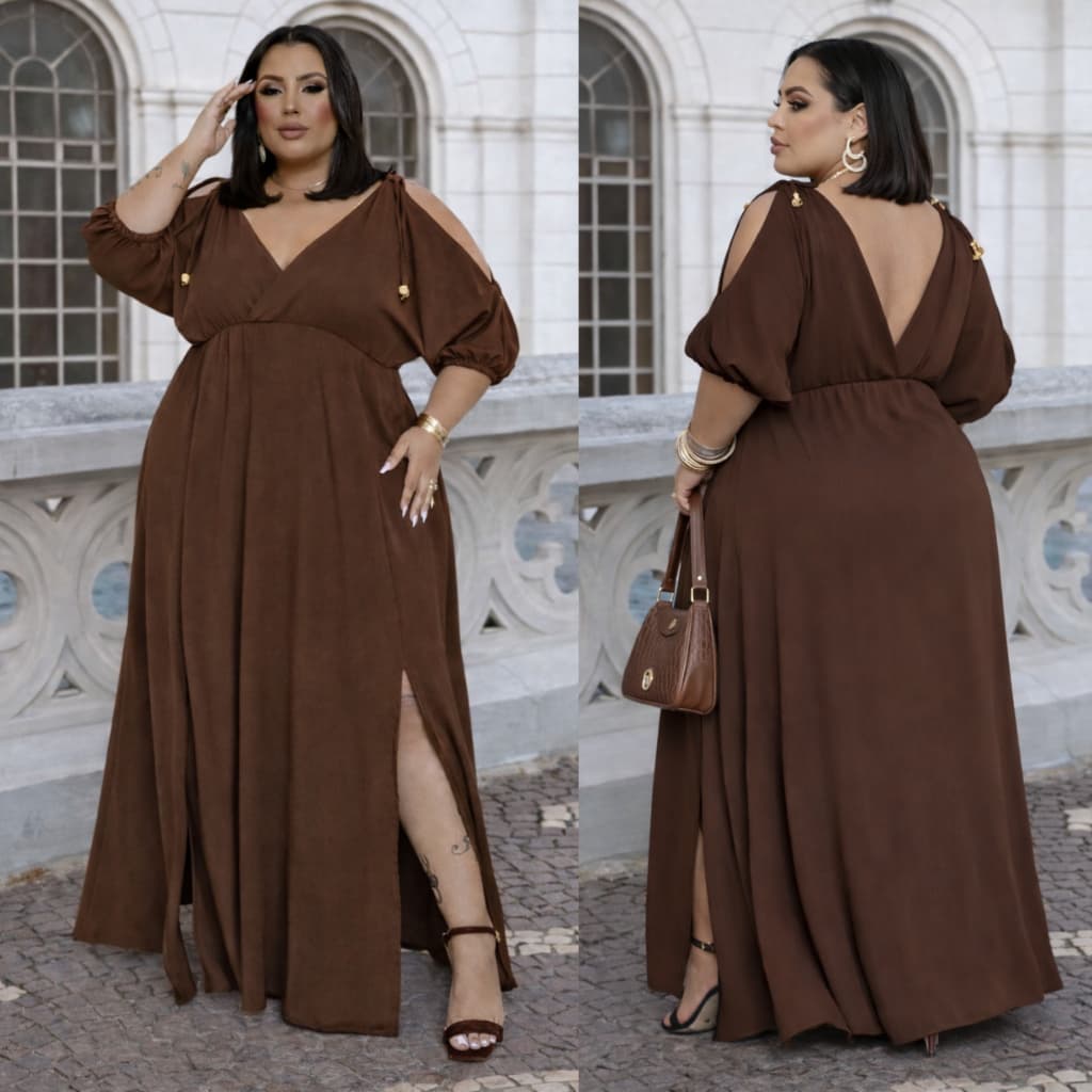 Vestido Plus Size Feminino Longo Decote  V  Com Manga Ampla  Ombro Vazado Com  Fenda Frontal
