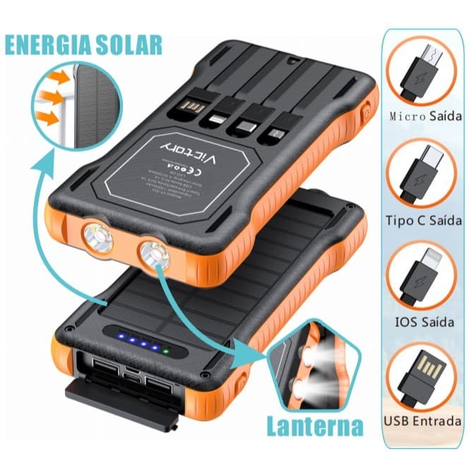 Carregador Portátil Power Bank Solar 10.000mah Com 4 Cabo TIPO-C USB MICO E IPHONE LED lanterna
