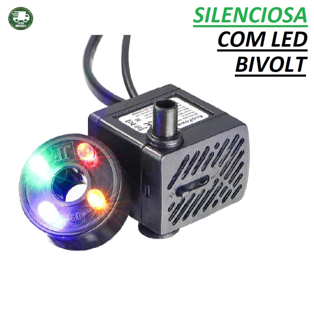 Motor Bomba Submersa Bivolt 4w Bombinha Fonte Aquário Pet Com Led