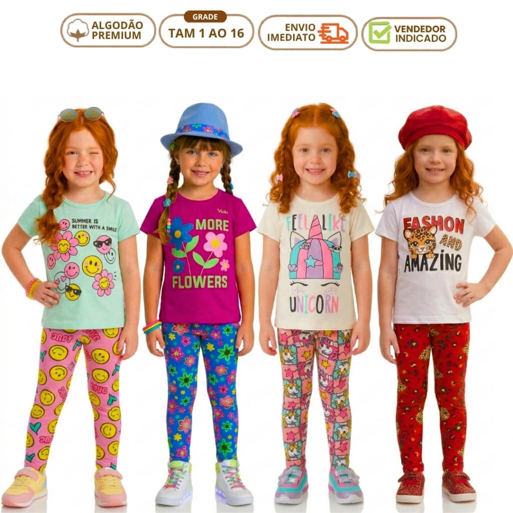 Kit 10 Peças Roupa Menina Luxo Verão Conjunto Infantil Feminino 5 Camiseta  Regata 5 Calça Legging Barata