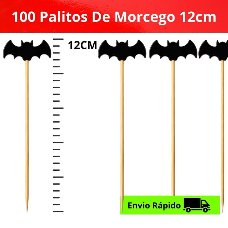 KIT 100 Palitos de Bambu 12 CM com tema de Morcego Halloween