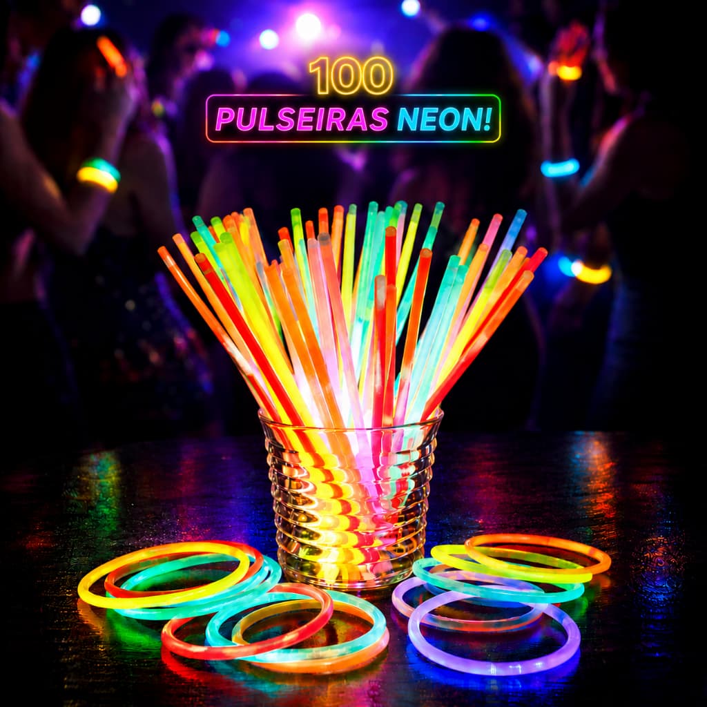 Pulseira Neon Kit 100 Unidades Festa Glow Fluorescente Brilha No Escuro 8h de duração
