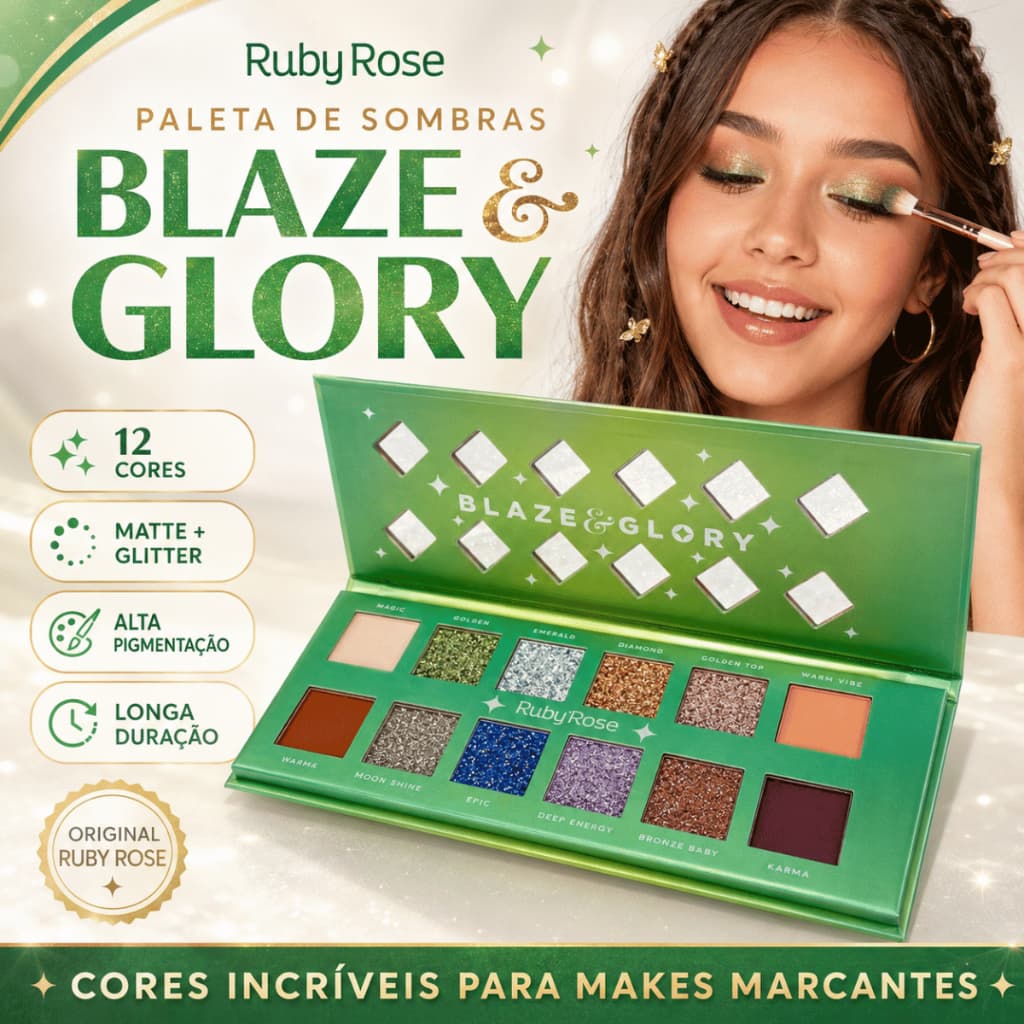 Paleta de Sombras Blaze e Glory Ruby Rose Alta Pigmentação Cores Matte e Cintilantes Maquiagem