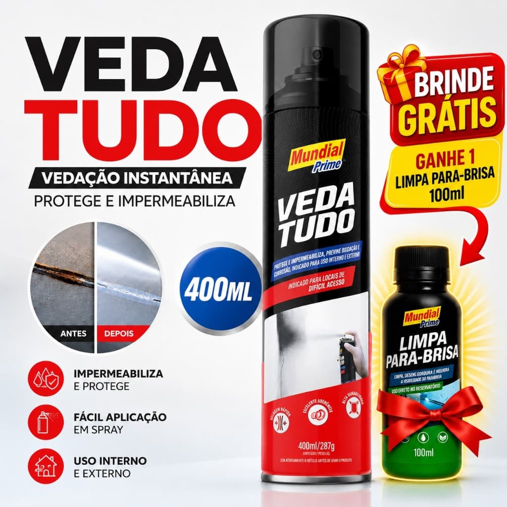 Veda Tudo Spray Impermeavel Telhado Calha Cano Parede 400Ml Brinde Limpa Parabrisa