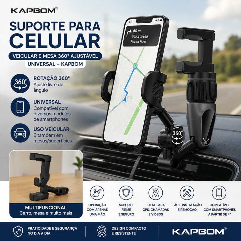 Suporte Para Celular Carro e Mesa 360° Ajustável Multifuncional Kapbom