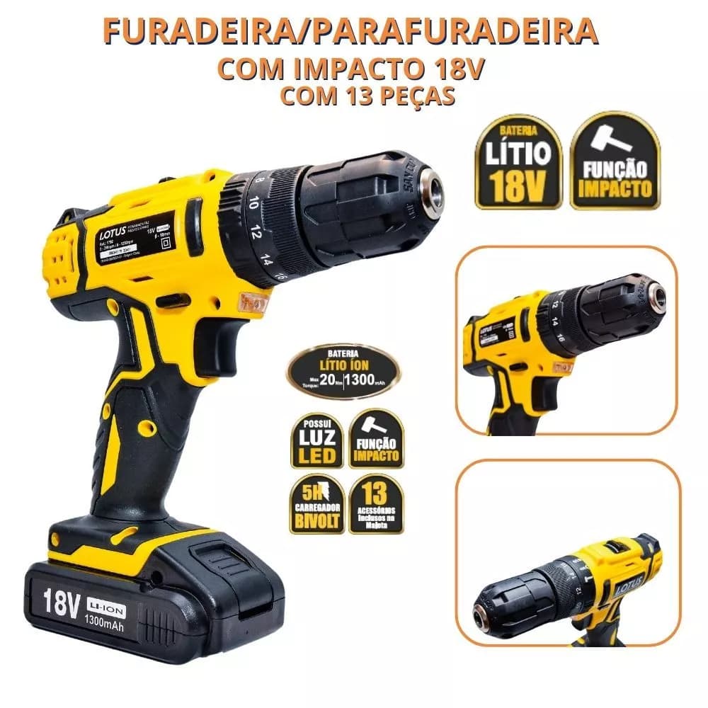 Furadeira e Parafusadeira Com Impacto 18V Bivolt + 13 Bits